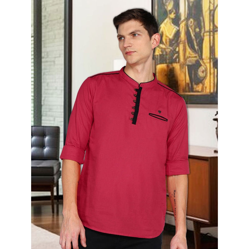 KUONS AVENUE Pink Men Linen Cotton Casual Short Kurta (M)