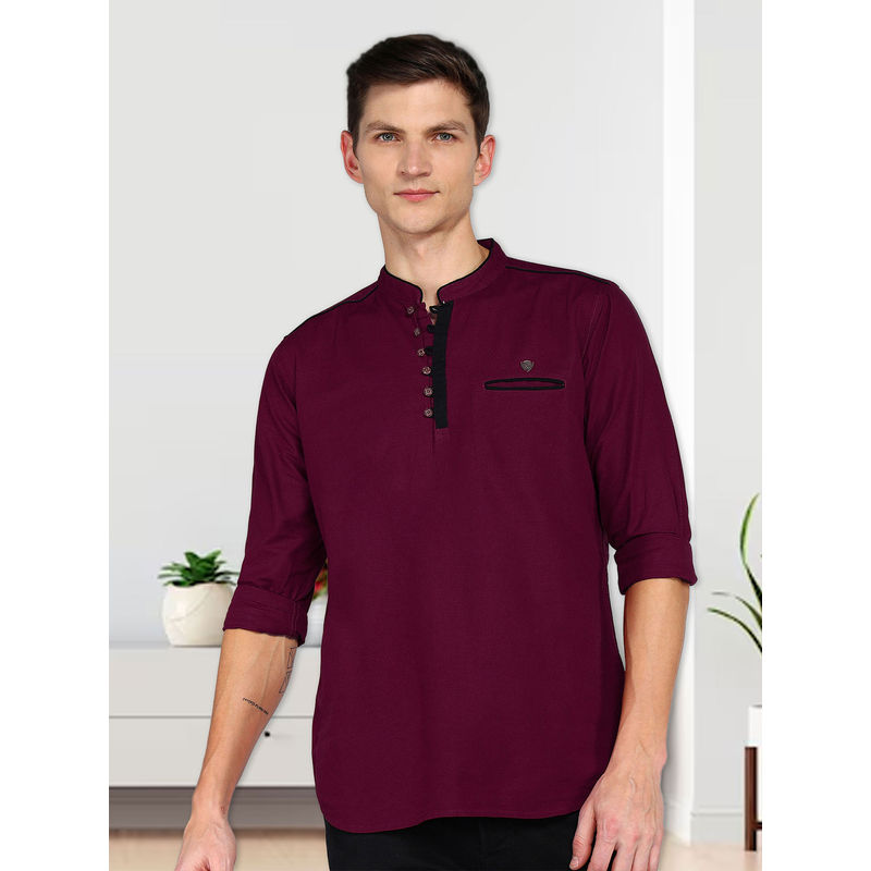 KUONS AVENUE Maroon Men Linen Cotton Casual Short Kurta (M)