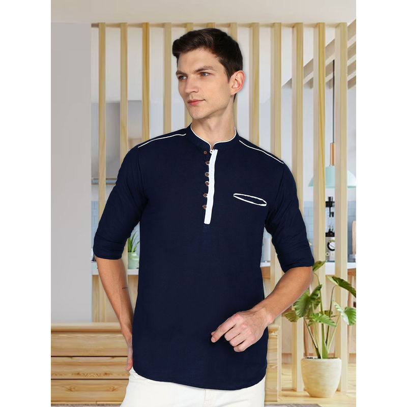 KUONS AVENUE Navy Blue Men Linen Cotton Casual Short Kurta (M)