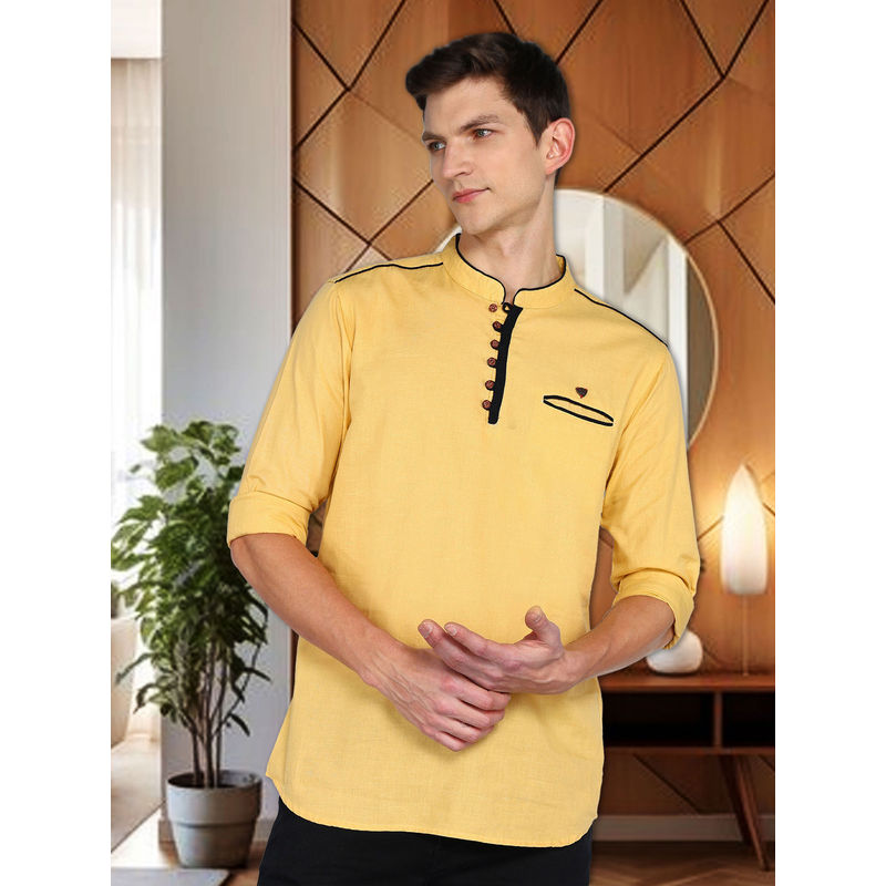 KUONS AVENUE Mustard Men Linen Cotton Casual Short Kurta (M)