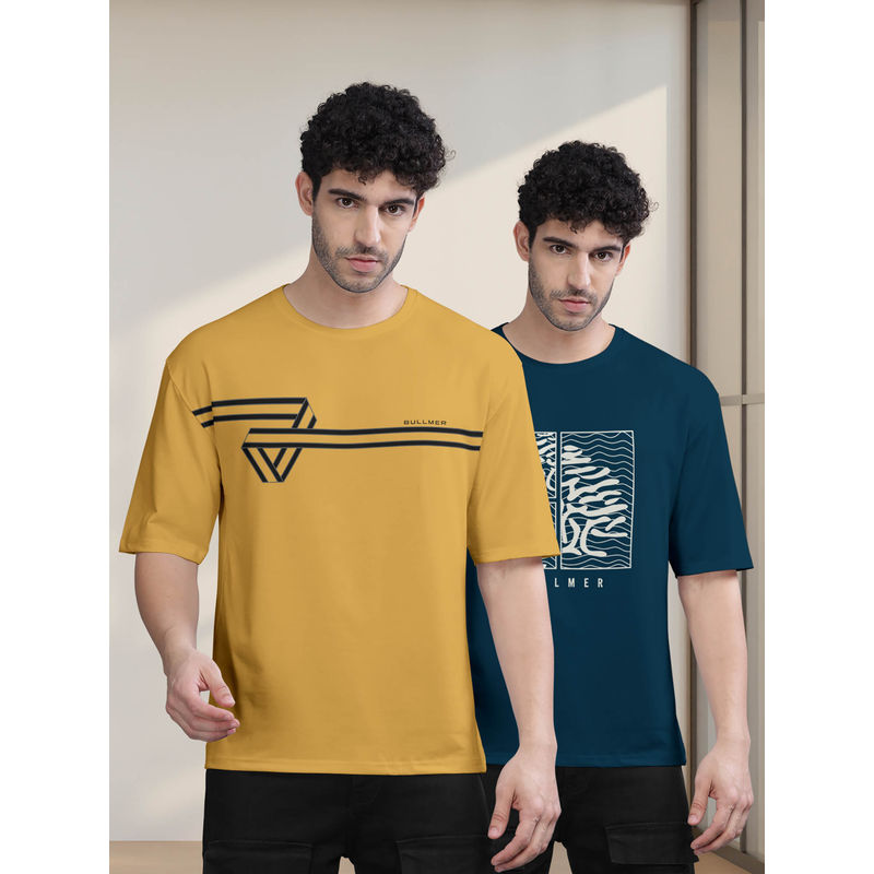 BULLMER Mustard , Petrol Blue Printed Oversized T-Shirts For Men (Set of 2) (M)