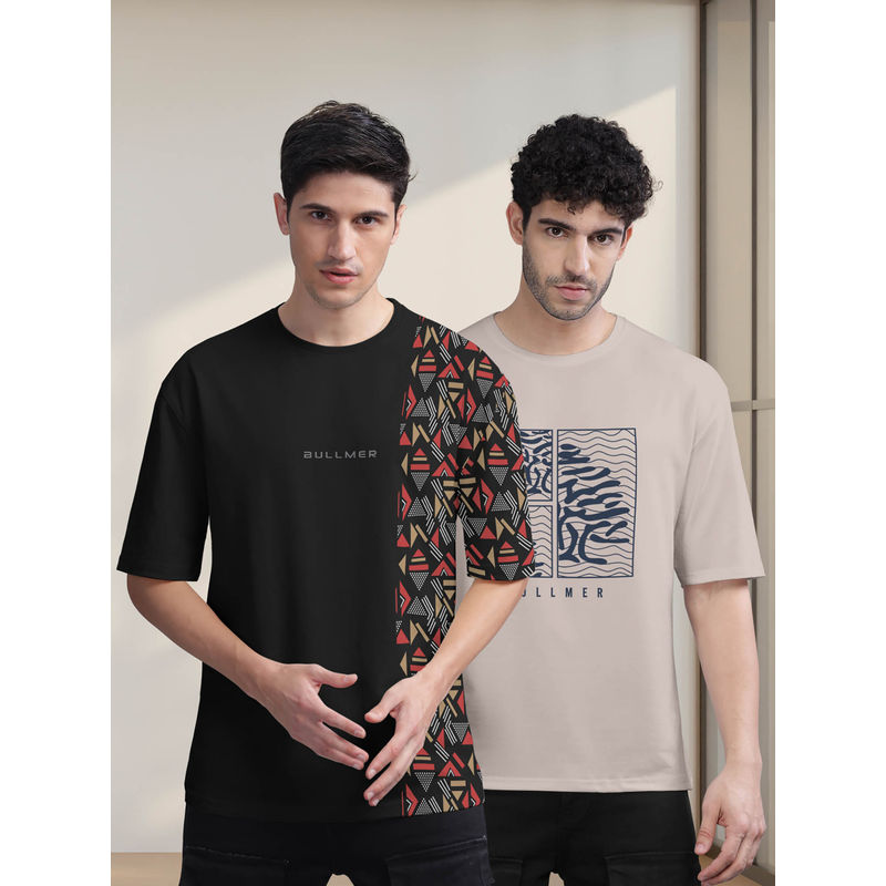 BULLMER Black , Beige Printed Oversized T-Shirts For Men (Set of 2) (2XL)
