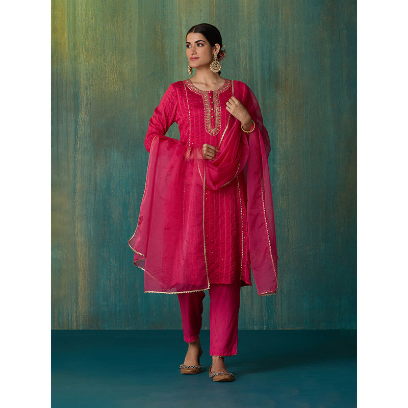 Likha Fuschia Rangbahar Sequence Chanderi Kurta Pant and Dupatta LIKSKD267 (Set of 3) (XL)