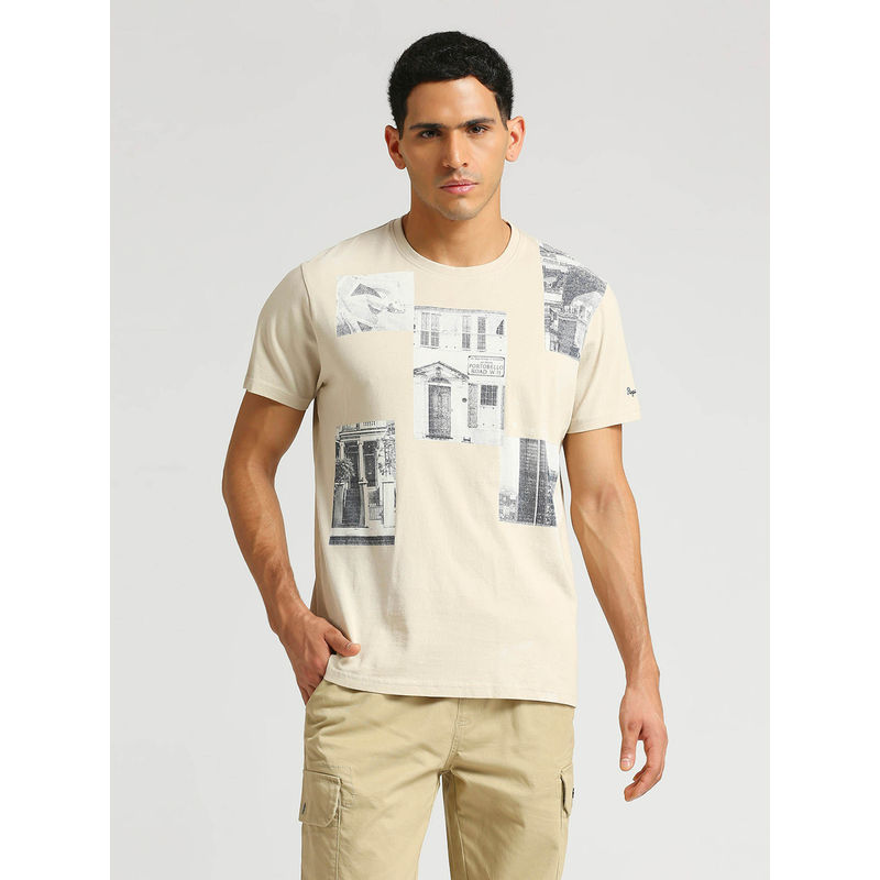 Pepe Jeans Beige Gabino Photographic Printed T-Shirt (S)