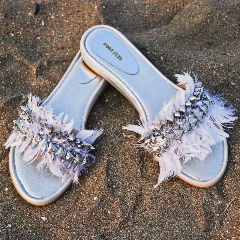 Foot Fuel Feather And Stud White Embellished Flats: Buy Foot Fuel ...