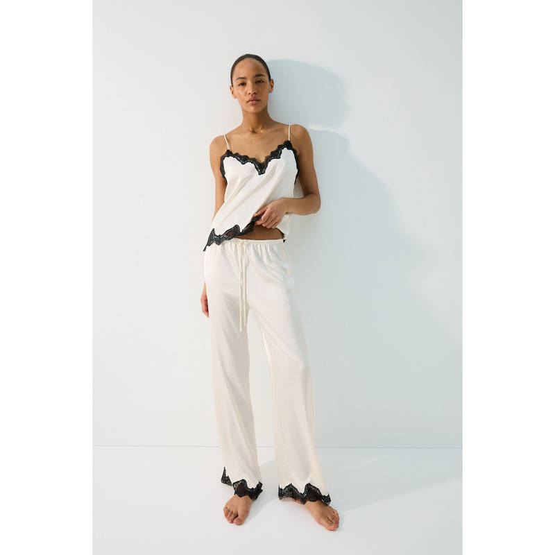 H&M Women White Lace-trimmed satin pyjamas and Top (XS)