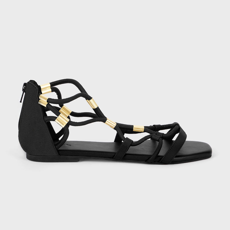 IYKYK by Nykaa Fashion Black Solid Square Toe Mesh Gladiator Flats (EURO 40)