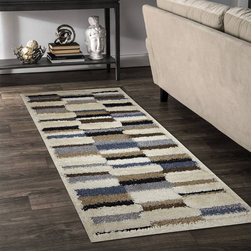 OBSESSIONS Machine Made Anti- Static Geometric Bedside Runner, Beige & Brown (2.5x5 Feet)