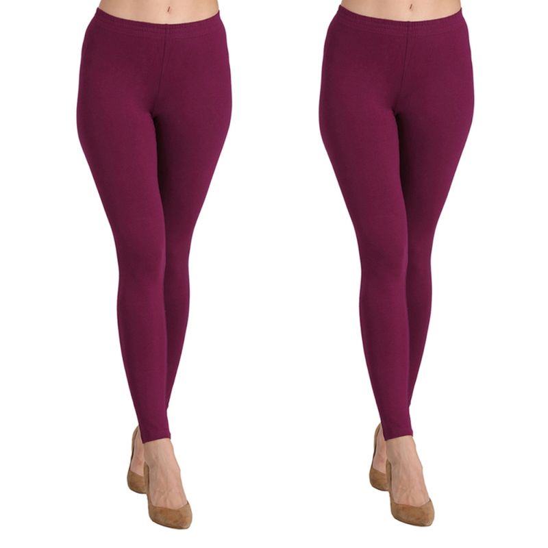 Groversons Paris Beauty Ankle Length Women's Solid Leggings Pack Of 2 - Wine (M)