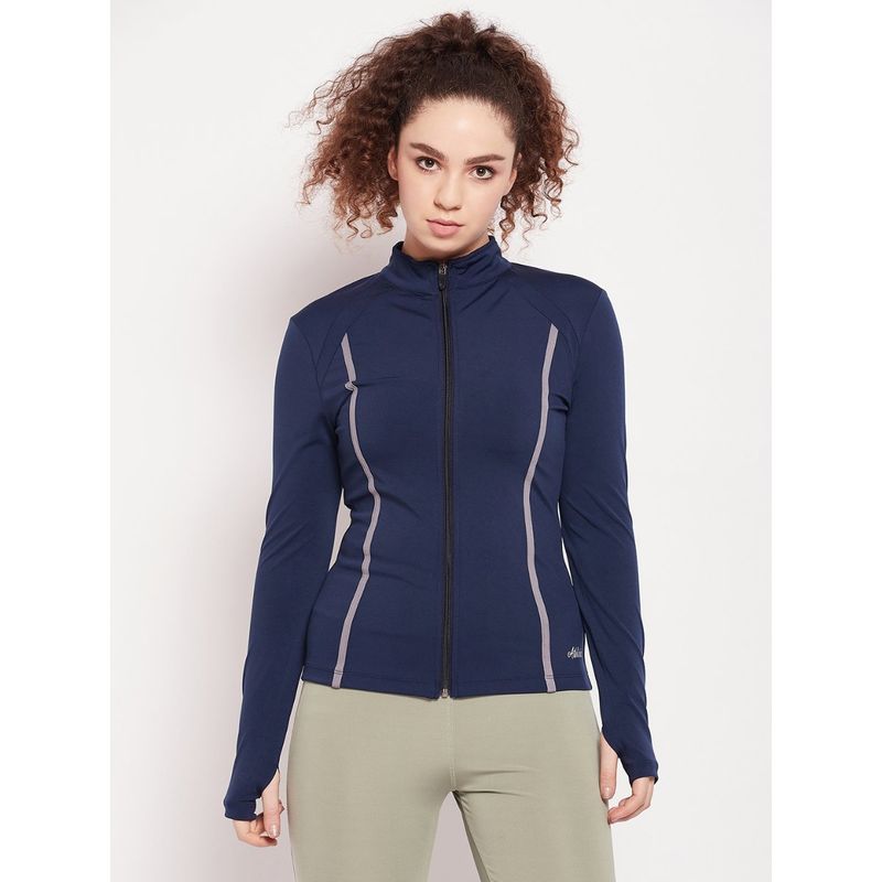 Athlisis Women Navy Blue Reflective Strip Training Or Gym Sporty Jacket (L)