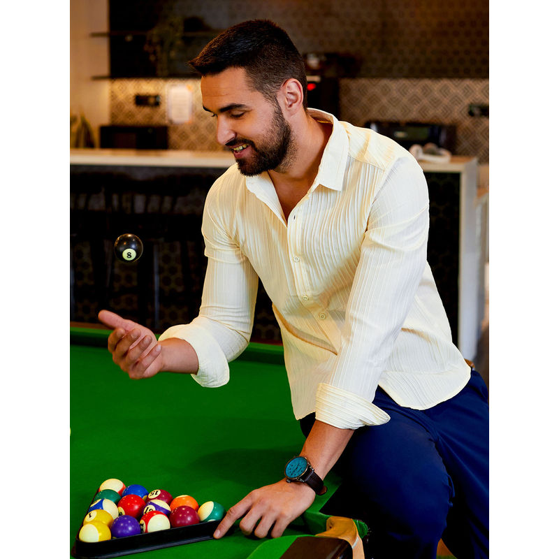 Campus Sutra Mens Pale Yellow Striped Shirt (XL)