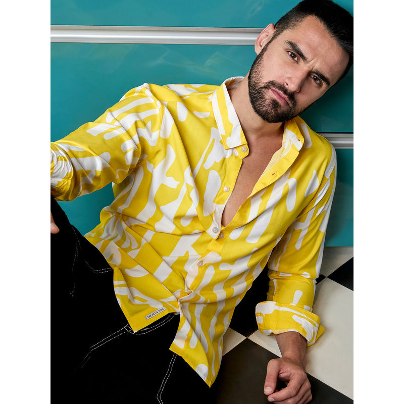 Campus Sutra Mens Lemon Yellow Abstract Print Shirt (XL)