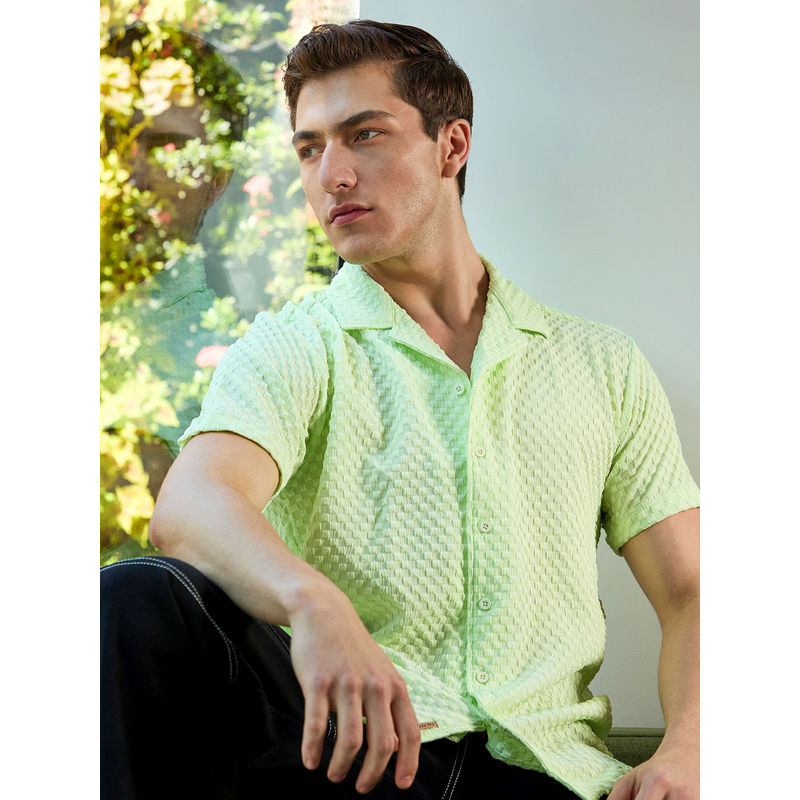 Campus Sutra Mens Lime Green Self-Design Box Shirt (S)