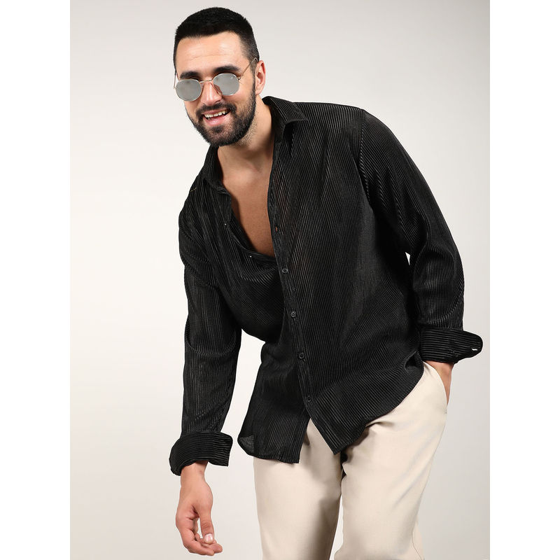 Buy Campus Sutra Mens Midnight Black Pleat-Creased Shirt Online