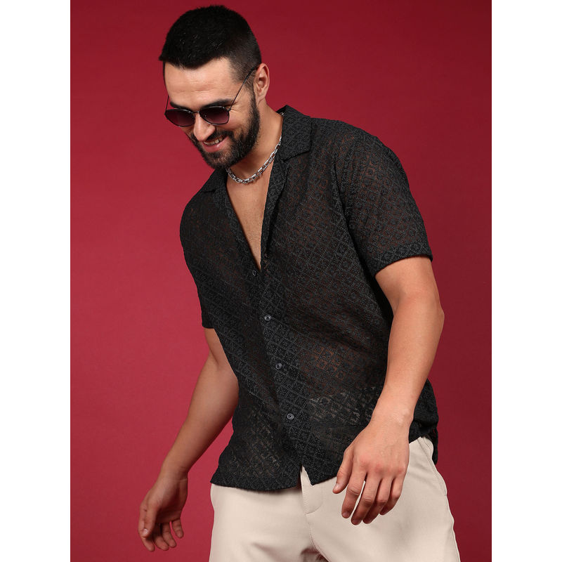 Campus Sutra Mens Midnight Black Floral Embroidered Shirt (L)