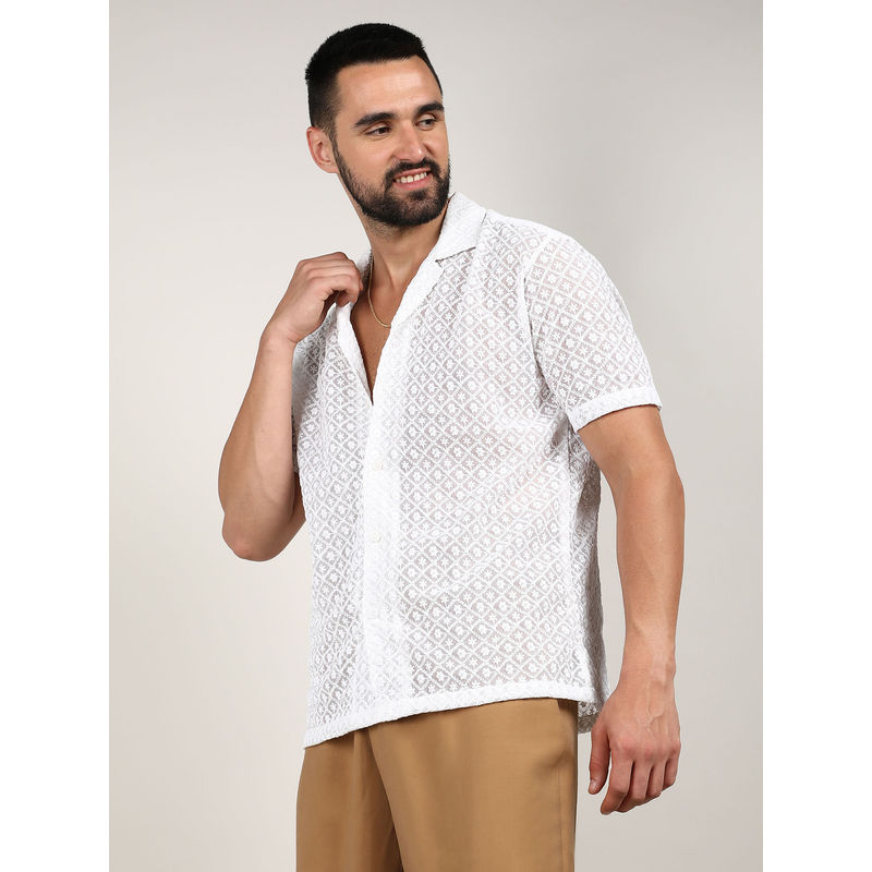 Campus Sutra Mens Chalk White Floral Embroidered Shirt (S)