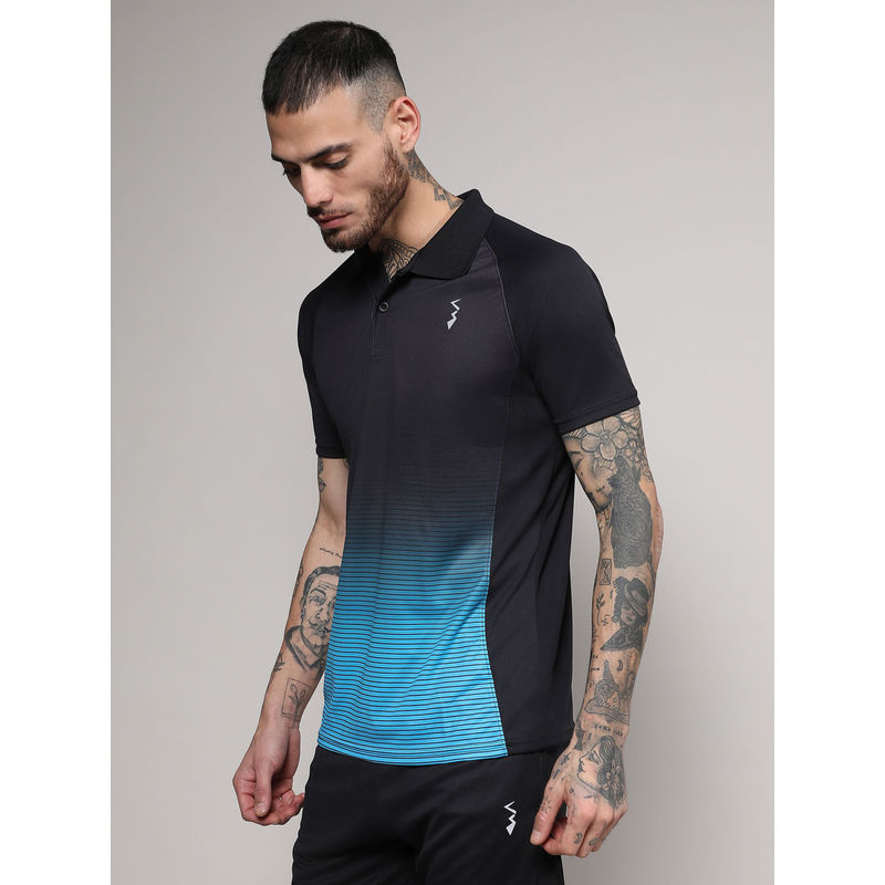 Campus Sutra Mens Jet Black & Sky Blue Ombre Polo Activewear T-Shirt (XL)