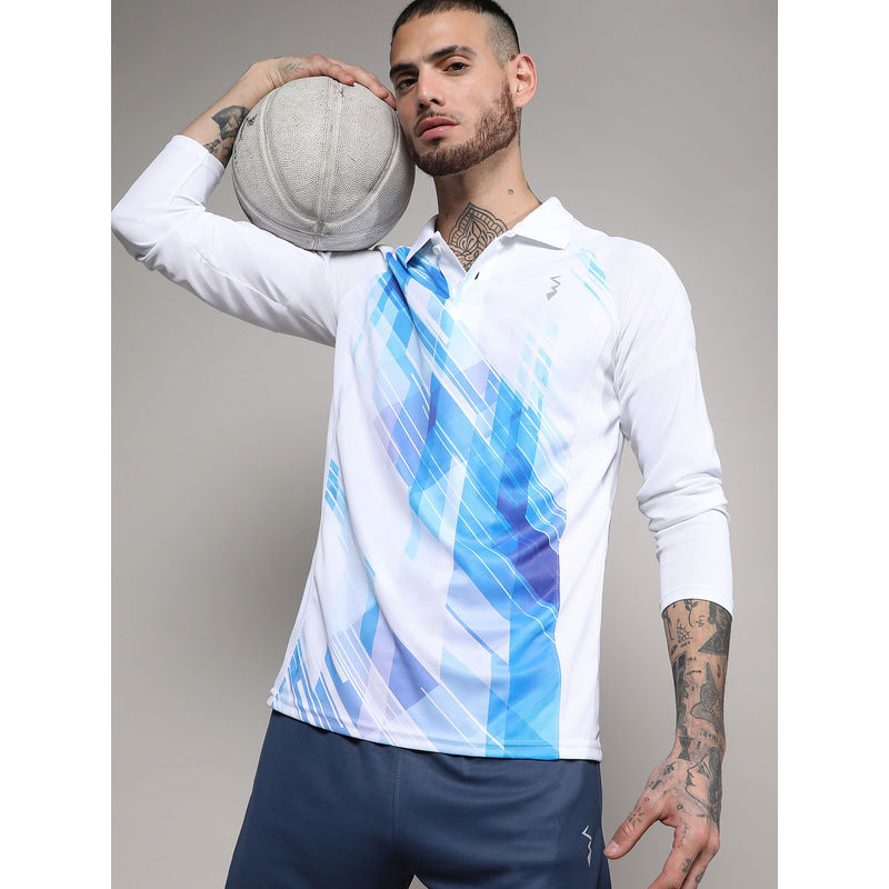 Campus Sutra Mens White & Blue Contrast Print Activewear T-Shirt (S)