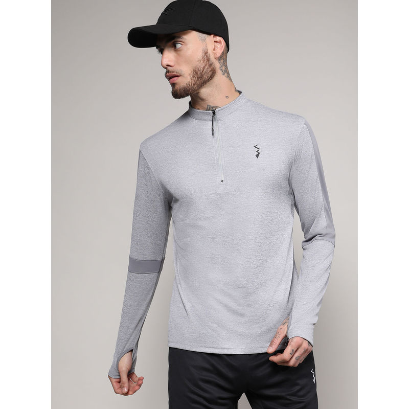 Campus Sutra Mens Light Grey Heathered Self-Design Activewear T-Shirt (S)