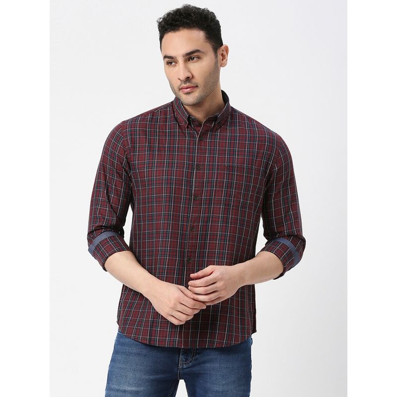 Dragon Hill Full Sleeves Wine Premium Cotton Fine Twill Checks Shirt (M)