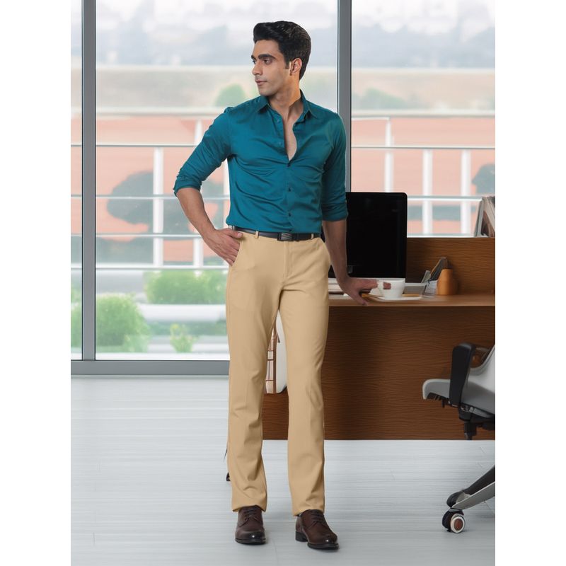 Subtract Men 4 Way Stretch Slim Fit Formal Trouser In Sand with Flexible Waistband (36)