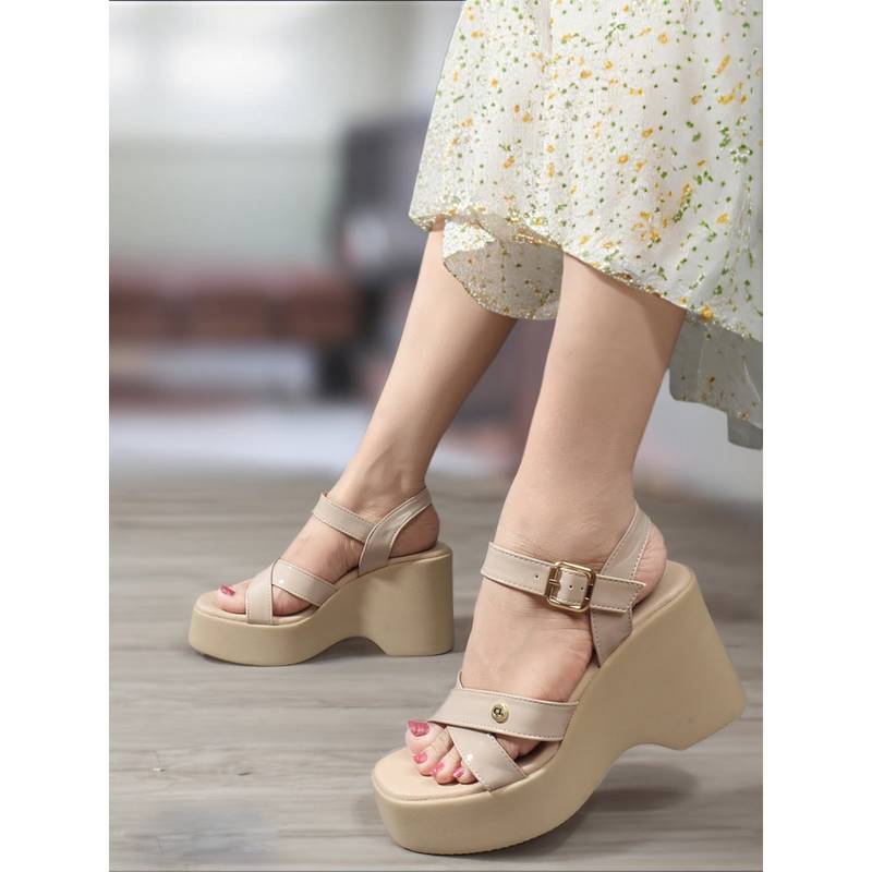 Carlton London Beige Solid Wedge Heel Party Wear Women Sandals (EURO 40)
