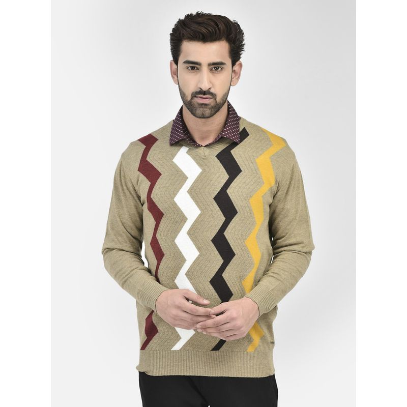 CRIMSOUNE CLUB Mens Beige Printed V-Neck Sweater (XL)