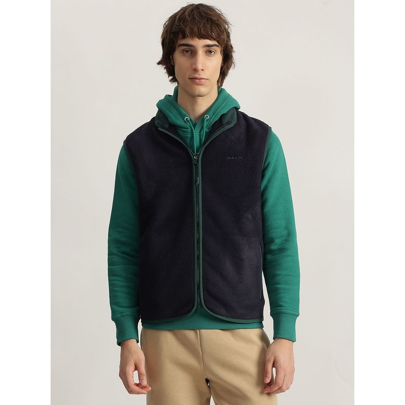 GANT Men Blue Solid Sleeveless Fleece Jacket (S)