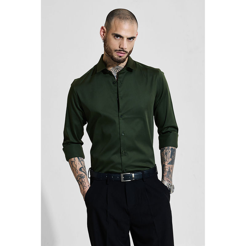 Snitch Dark Green Solid Full Sleeves Slim Formal Shirt (M)