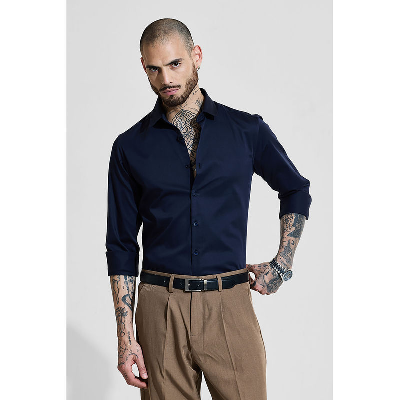 Snitch Navy Blue Solid Full Sleeves Slim Formal Shirt (L)