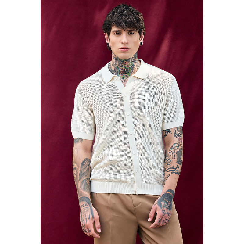 Snitch Bordeaux White Solid Relaxed Fit Knitted Shirt (XL)