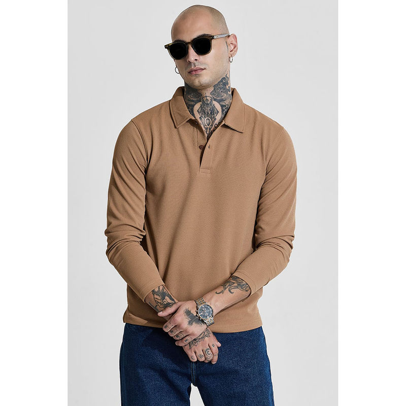 Snitch Brown Textured Slim Fit Polo T-Shirt (M)