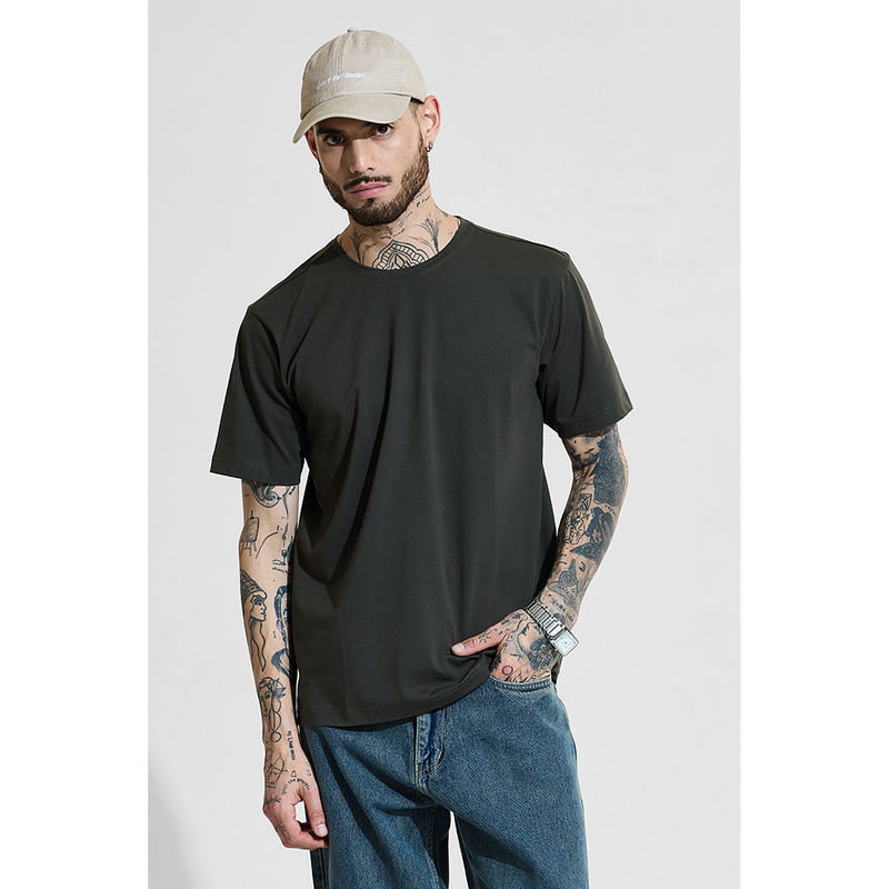 Snitch Dark Green Solid Half Sleeves Slim Casual T-Shirt (S)