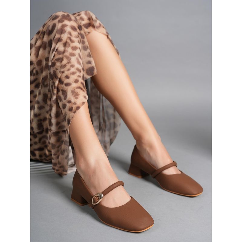 Drop Bold Brown Square Toe Mary Jane Block Heel Pumps for Women (EURO 37)