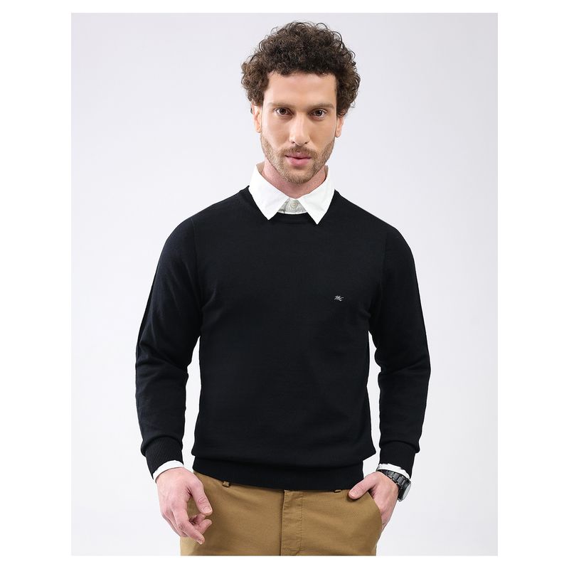 Monte Carlo Black Men Regular Fit Round Neck Full Sleeve Solid Pullover Sweater (M)