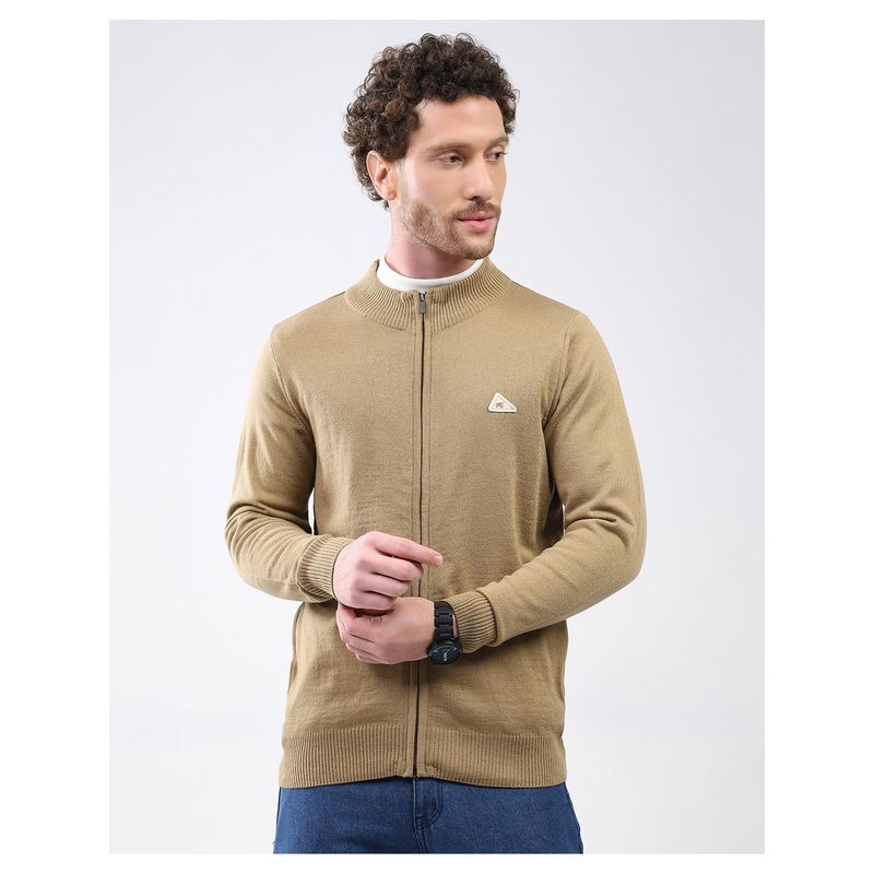 Monte Carlo Men Khaki Regular Fit Mandarin Neck Full Sleeve Solid Cardigan (M)