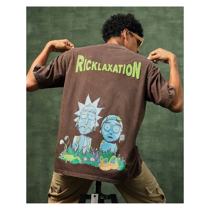 Bewakoof Men's Brown Stoned Rick & Morty Graphic Printed Oversized Acid Wash T-shirt (S)