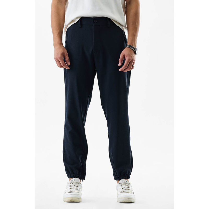 Snitch Men Navy Blue Self Design Relaxed Fit Trouser (32)