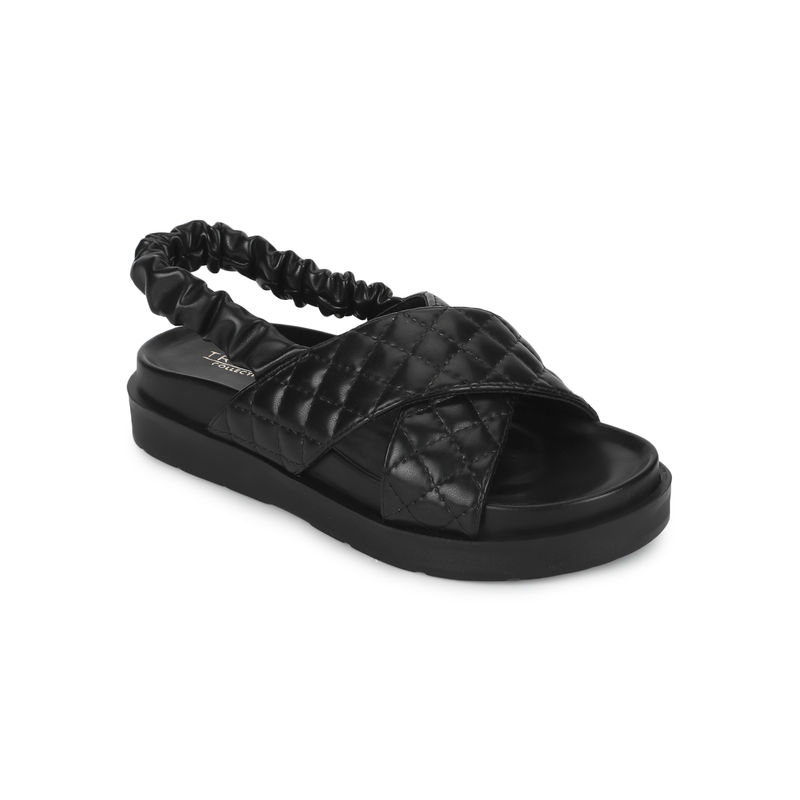 Truffle Collection Black Pu Quilted Strap Platform Sandals - UK 7