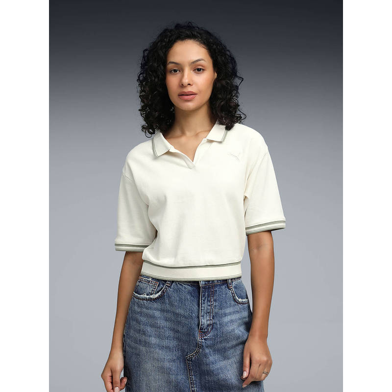 Puma Wardrobe Essentials Women White Boxy Polo T-Shirt (2XL) (2XL)