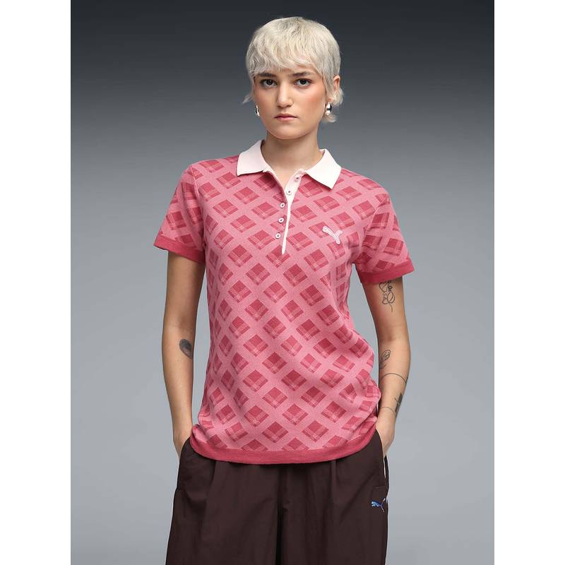 Puma Pink Printed Regular Polo T-Shirt (M) (M)
