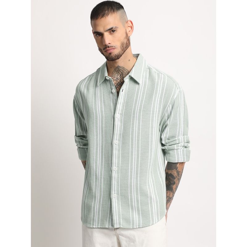 THE BEAR HOUSE Mens Light Green Stripe Casual Shirt (M)