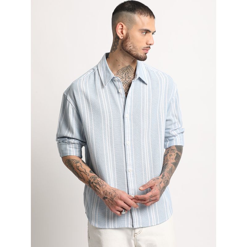 THE BEAR HOUSE Mens Light Blue Stripe Casual Shirt (L)