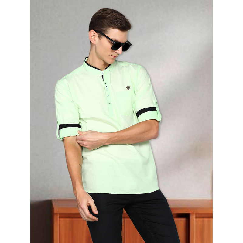KUONS AVENUE Mens Light Green Linen Cotton Short Kurta (M)