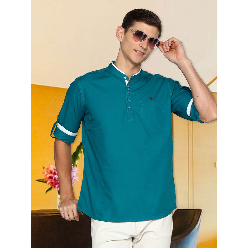 KUONS AVENUE Mens Teal Linen Cotton Short Kurta (2XL)