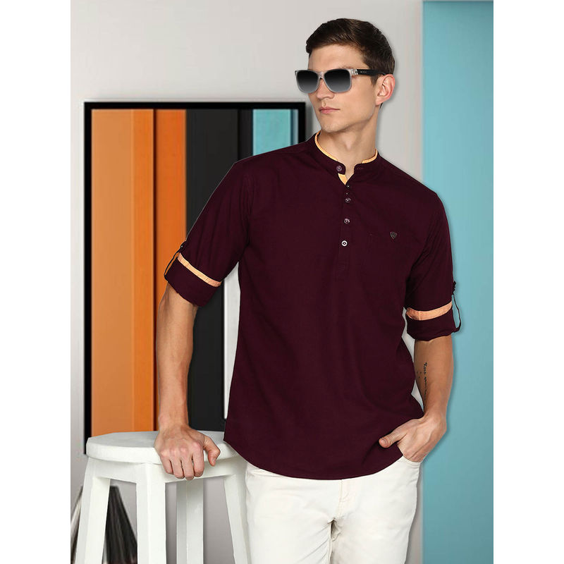 KUONS AVENUE Mens Burgundy Linen Cotton Short Kurta (XL)