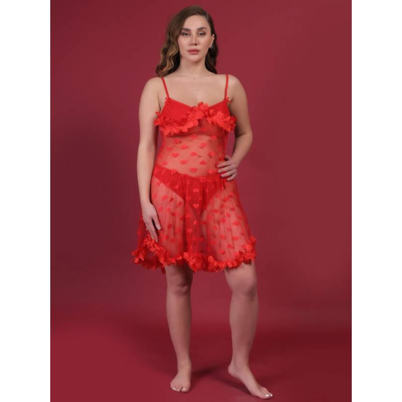BRACHY Women Red Plus Size Self Design Shoulder Straps Lace Baby Doll (S)