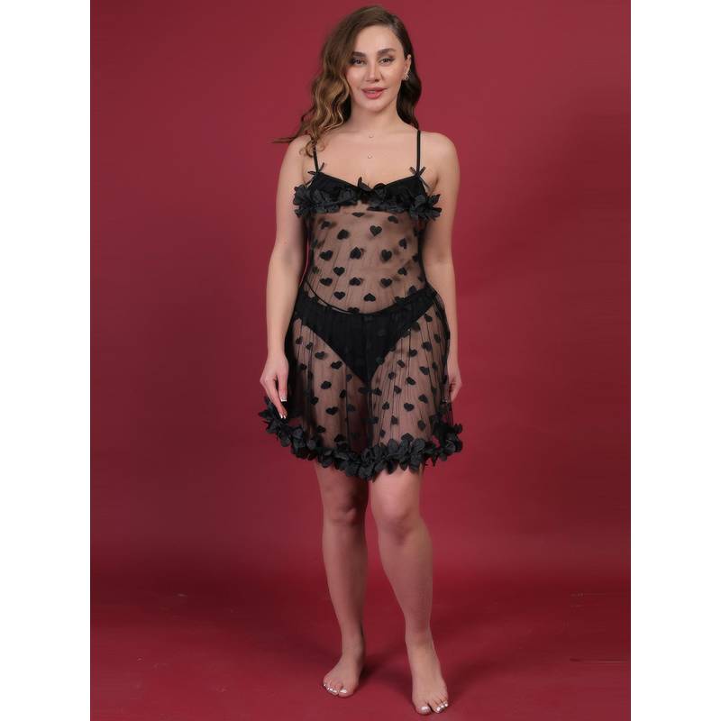 BRACHY Women Black Plus Size Self Design Shoulder Straps Lace Baby Doll (S)