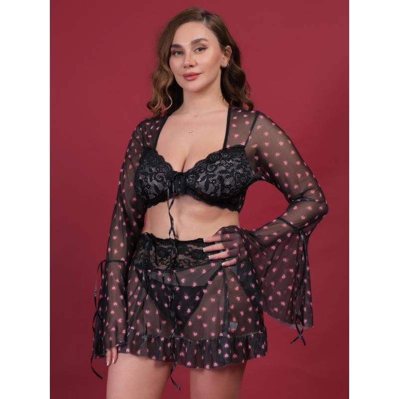 BRACHY Women Hot Black Self Design Nightwear Baby Doll Lingerie (5XL)