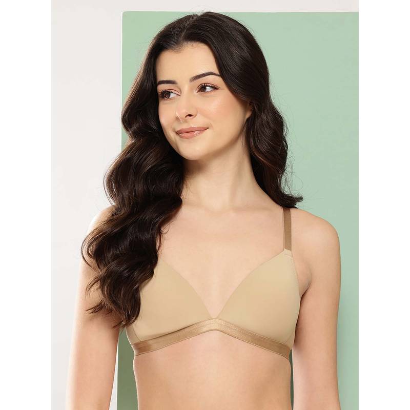 Leading Lady Womens Solid Lightly Padded Non Wired Plunge Bra Beige (32B)
